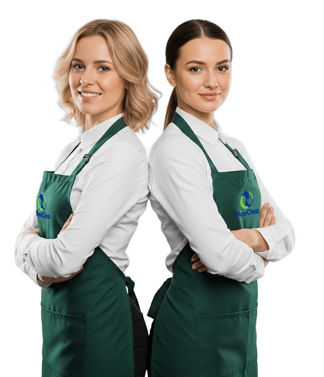 wo smiling female cleaners from Miss Clean standing back-to-back, wearing branded green aprons and white shirts, representing professional residential cleaning services in Greater Boston
