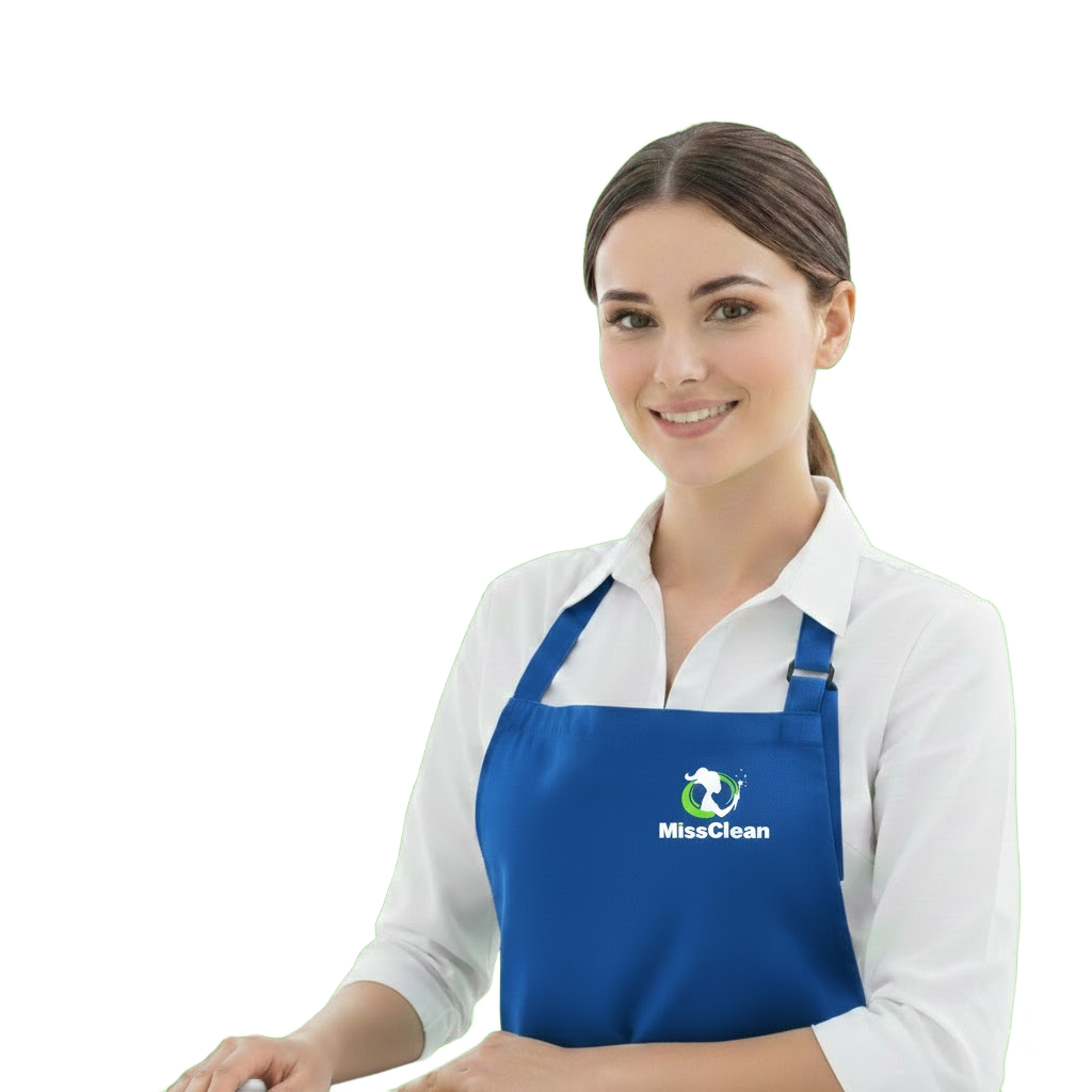 Smiling professional cleaner wearing a Miss Clean branded apron, symbolizing reliable house cleaning and commercial janitorial services