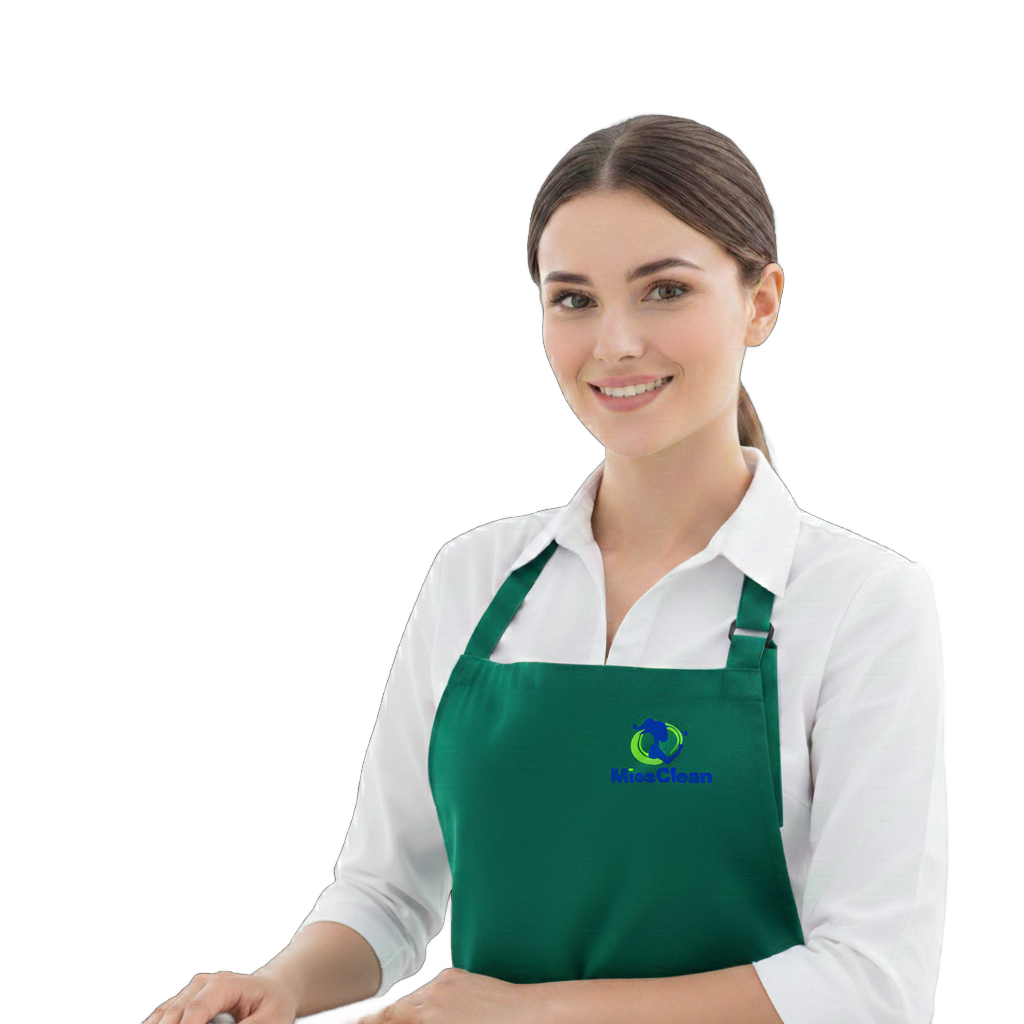 Smiling professional cleaner wearing a Miss Clean branded apron, symbolizing reliable house cleaning and commercial janitorial services